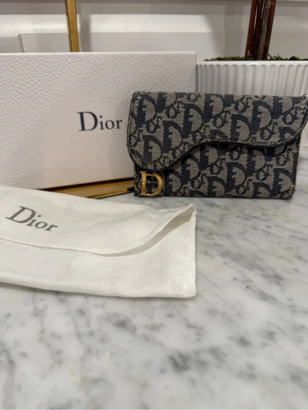 Dior Navy & Gray Oblique Canvas Card & Key Pouch with Gold 'D' Accent